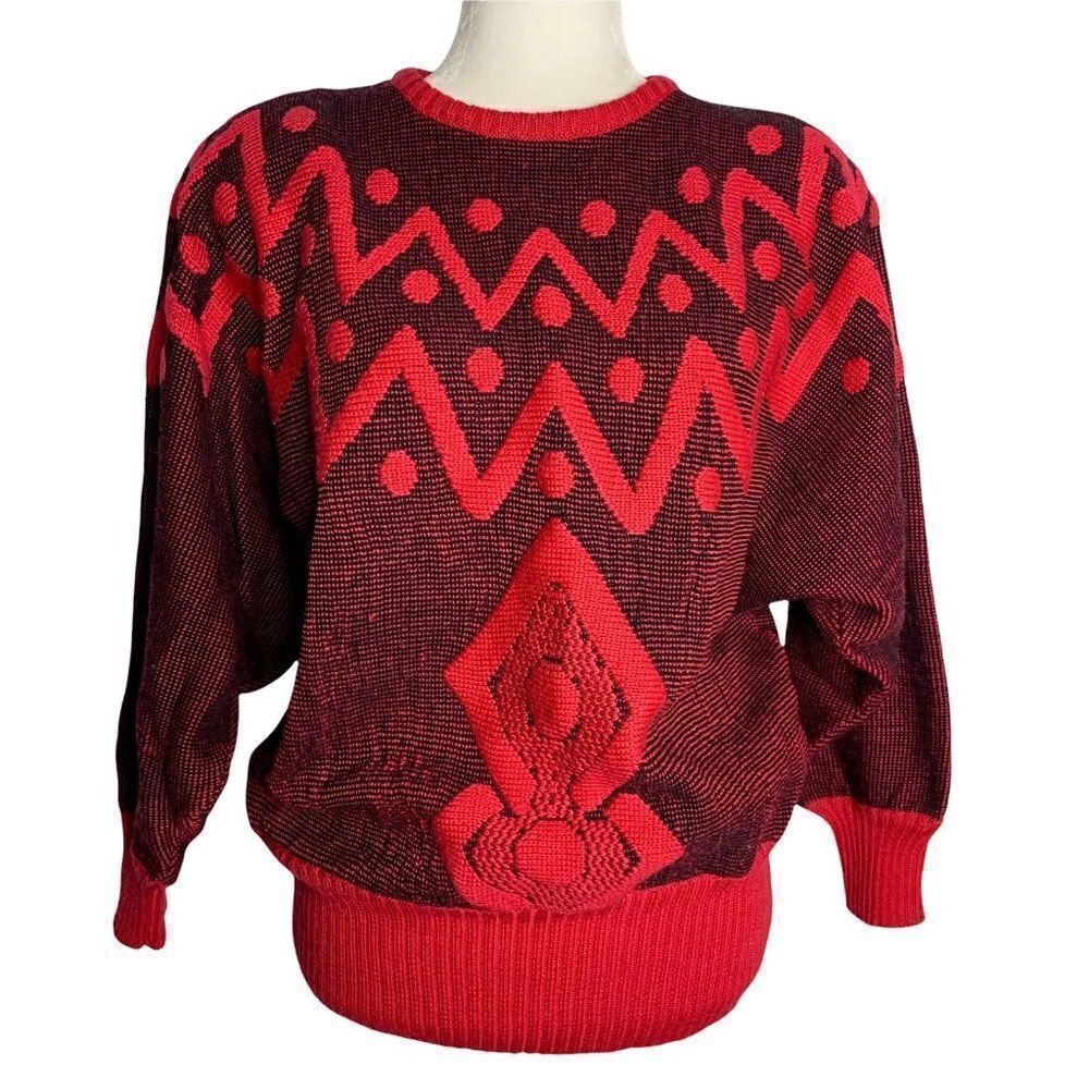 Vintage 80s Wool Sweater L Pink Blue Pullover Shoulder Pads Dolman Sleeve